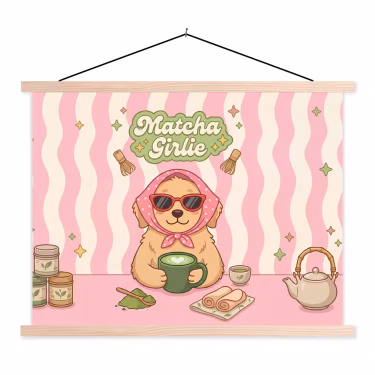 Matcha - Hond - Roze - Groen textielposter latten blank klein -3d
