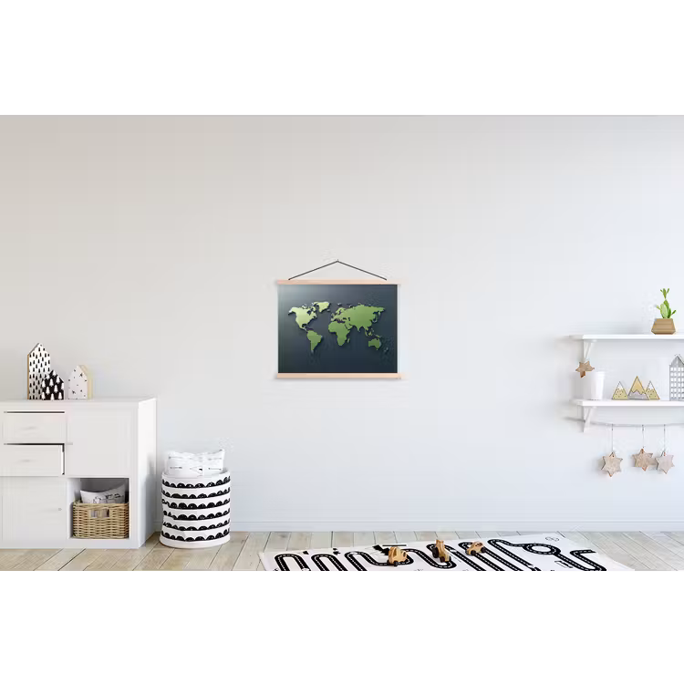 Mat - Groen - Wereldkaart textielposter latten blank klein -kinderkamer