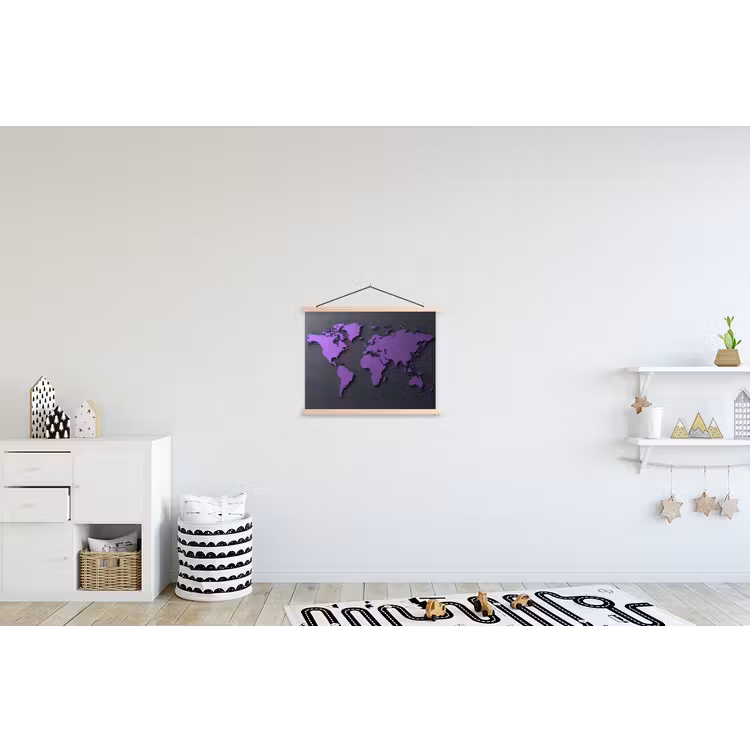 Mat - Wereldkaart - Paars textielposter latten blank klein -kinderkamer