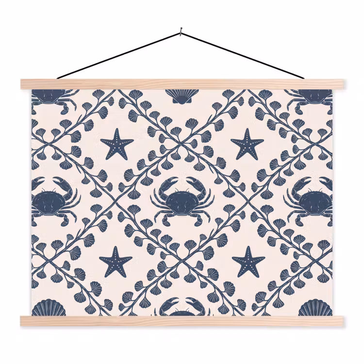 Zee - Krab - Zeester - Patroon - Blauw textielposter latten blank klein -3d