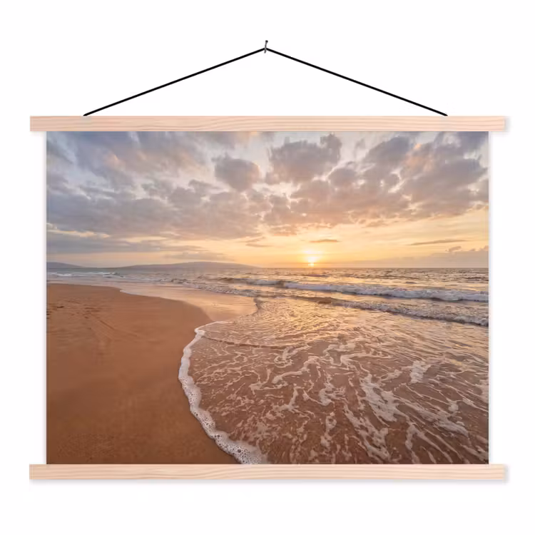 Zee - Kustlijn - Wolken - Landschap - Oranje textielposter latten blank klein -3d
