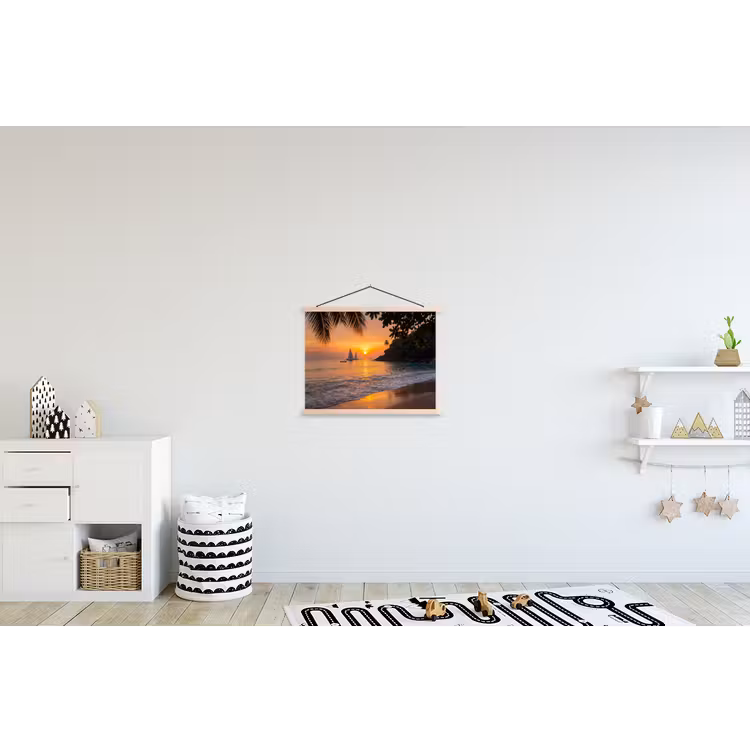 Zee - Zonsondergang - Boot - Natuur - Oranje textielposter latten blank klein -kinderkamer