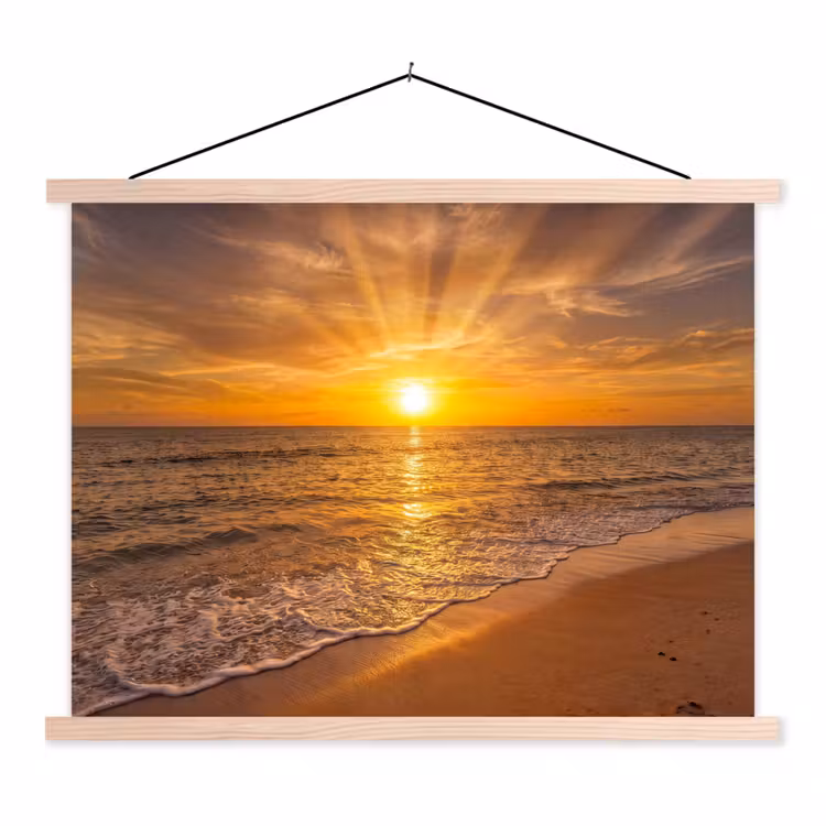 Zee - Zonsondergang - Golven - Kust - Oranje textielposter latten blank klein -3d