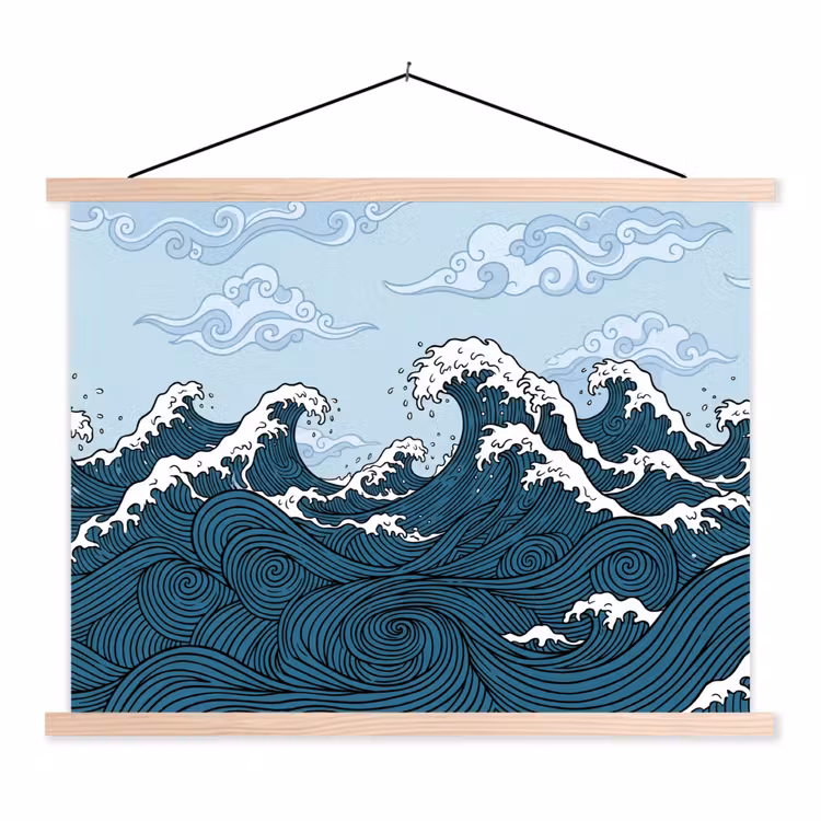 Zee - Golven - Japans - Natuur - Blauw textielposter latten blank klein -3d