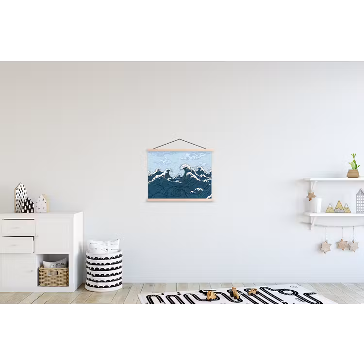 Zee - Golven - Japans - Natuur - Blauw textielposter latten blank klein -kinderkamer