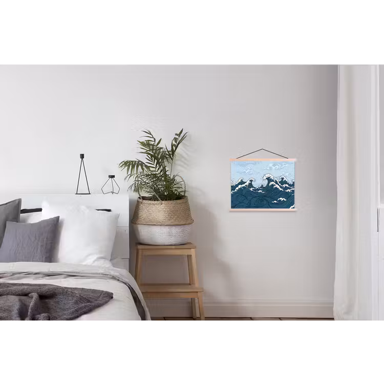 Zee - Golven - Japans - Natuur - Blauw textielposter latten blank klein -woonkamer
