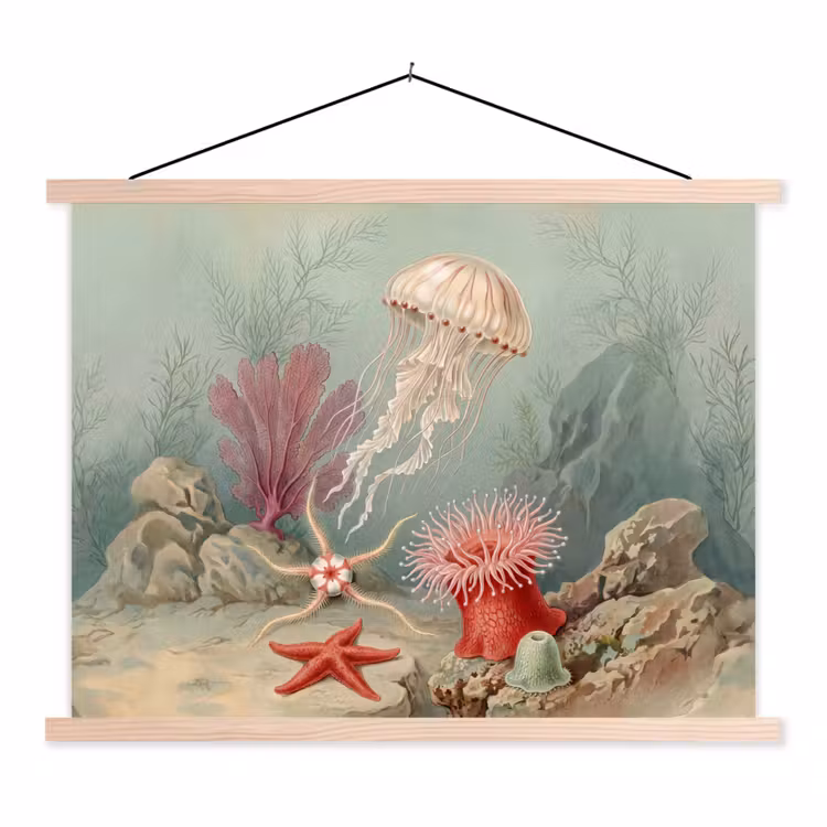 Zeeleven - Kwal - Onderwater - Illustratie - Beige textielposter latten blank klein -3d