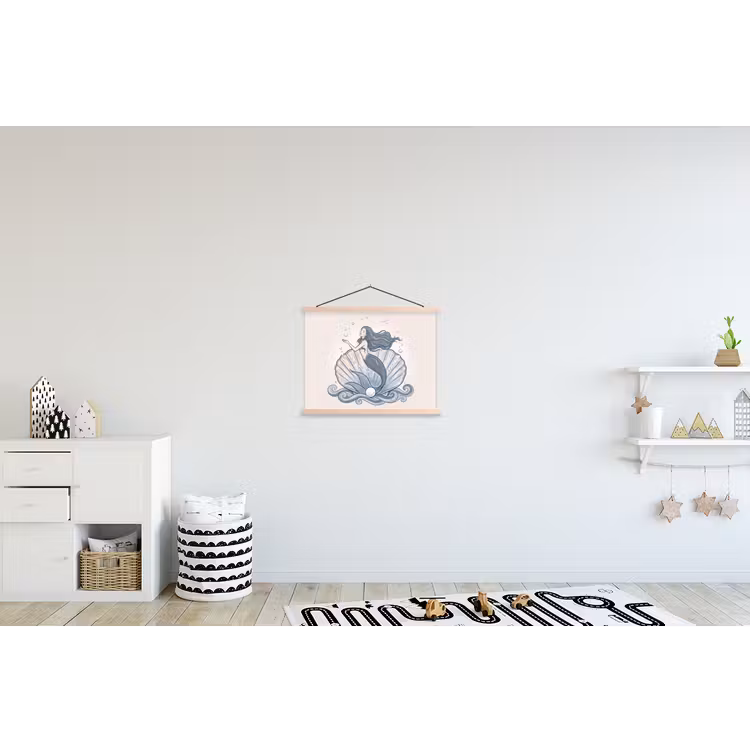 Zeemeermin - Schelp - Zee - Fantasie - Blauw textielposter latten blank klein -kinderkamer