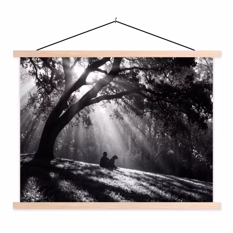 Mens - Hond - Natuur - Zwart-wit - Silhouet textielposter latten blank klein -3d