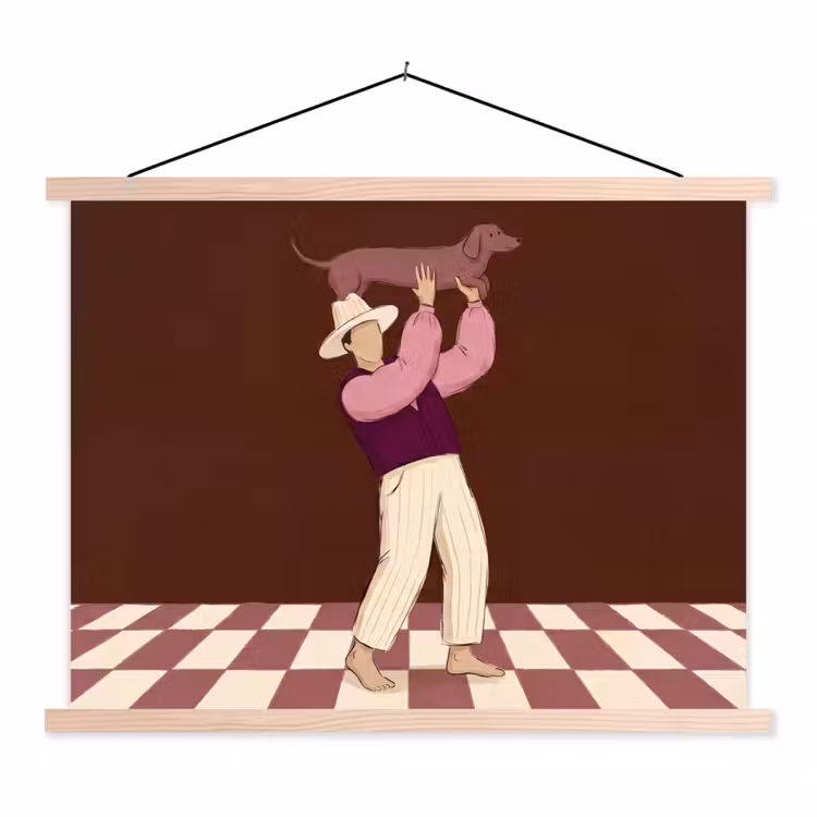 Mens - Hond - Dieren - Abstract - Roze textielposter latten blank klein -3d