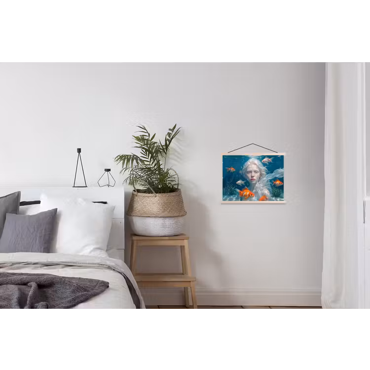 Mens - Onderwater - Vis - Modern - Blauw textielposter latten blank klein -woonkamer