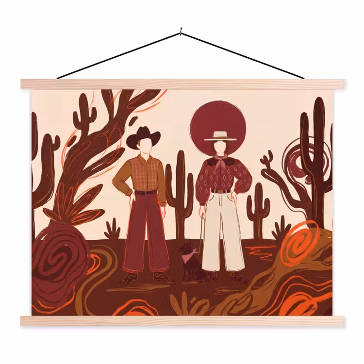 Mensen - Cowboykleding - Westerse stijl - Illustratie - Bruin textielposter latten blank klein -3d