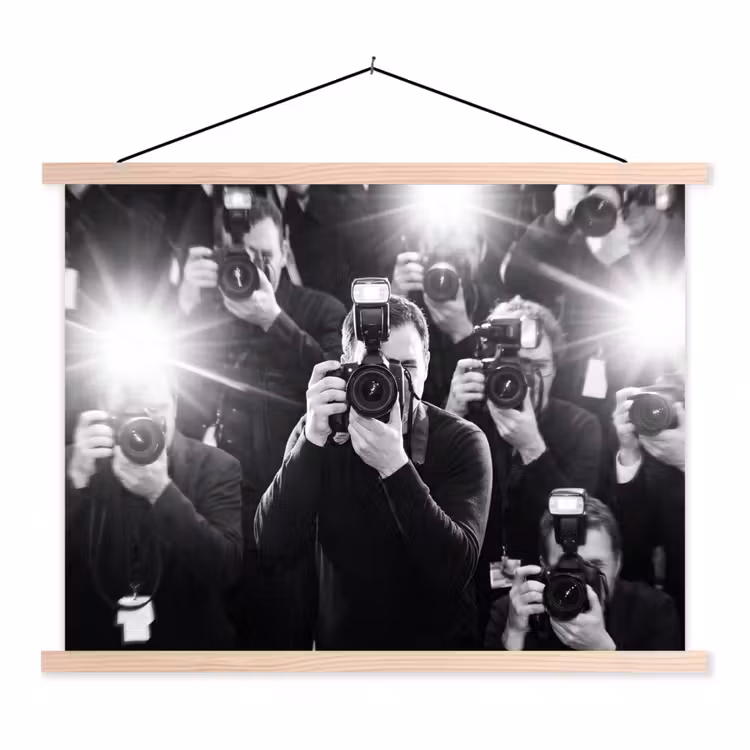 Mensen - Camera - Flitslicht - Zwart-wit - Media textielposter latten blank klein -3d