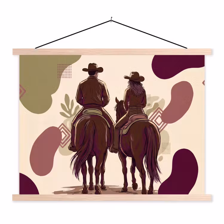 Mensen - Ruiters - Western - Illustratie - Bruin textielposter latten blank klein -3d