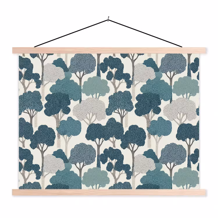 Modern - Bomen - Bos - Patroon - Blauw textielposter latten blank klein 122 -3d
