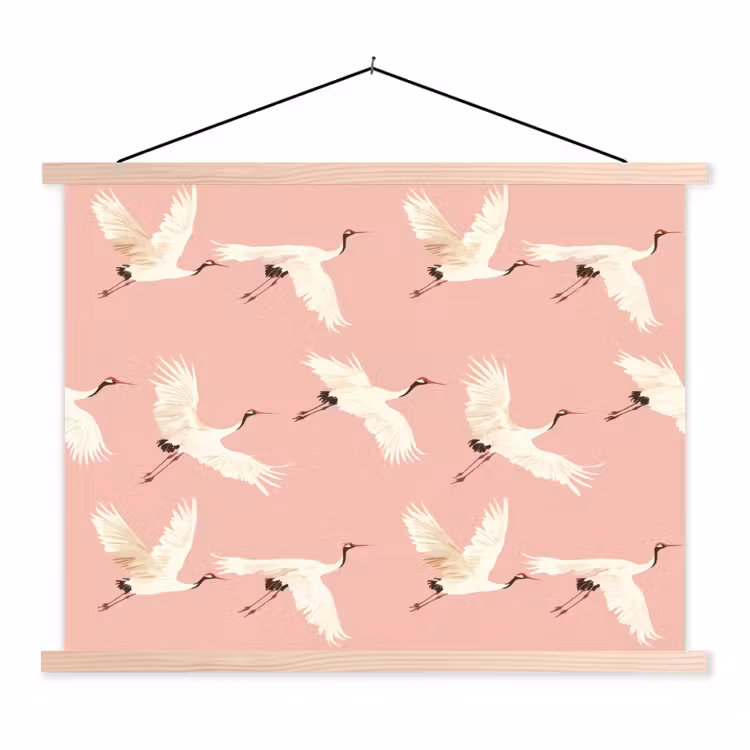 Modern - Kraanvogels - Roze textielposter latten blank klein 122 -3d