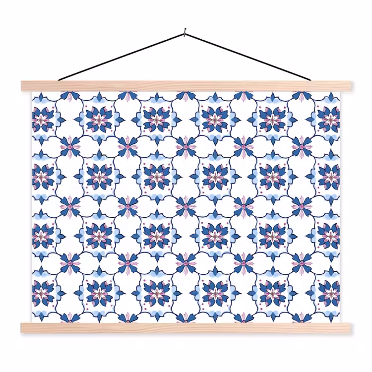 Modern - Patroon - Blauw - Roze textielposter latten blank klein 122 -3d
