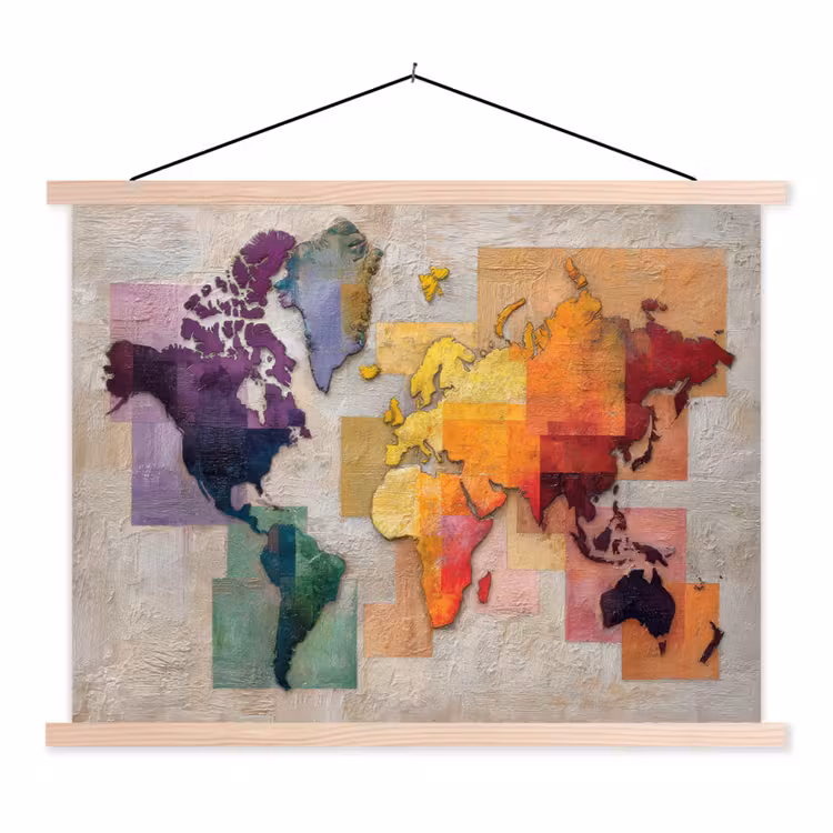 Modern - Wereldkaart - Kleurvakken textielposter latten blank klein -3d
