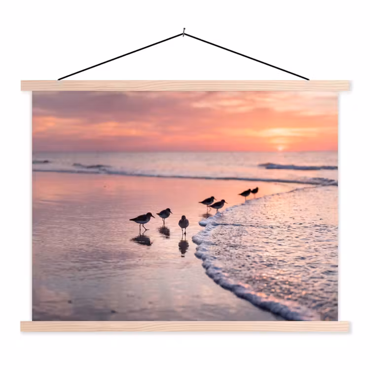 Meeuwen - Strand - Zee - Roze textielposter latten blank klein -3d