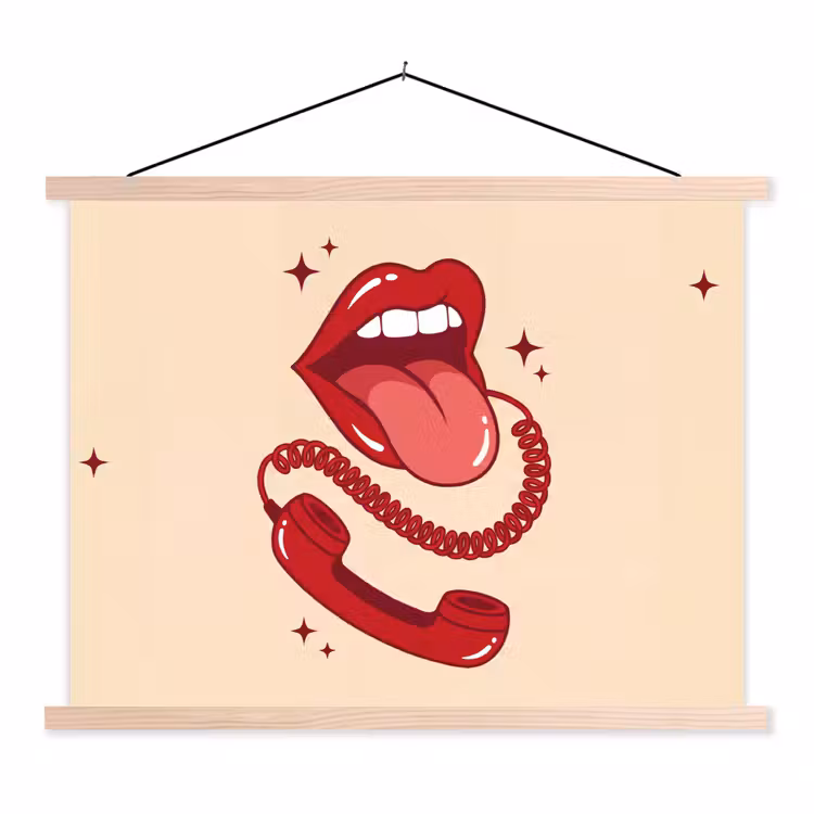 Mond - Telefoon - Popart - Rood - Illustratie textielposter latten blank klein -3d