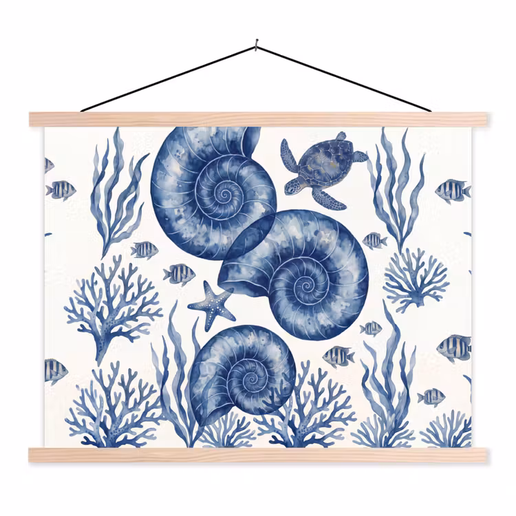 Schelp - Spiraal - Zeeleven - Aquarel - Blauw textielposter latten blank klein -3d