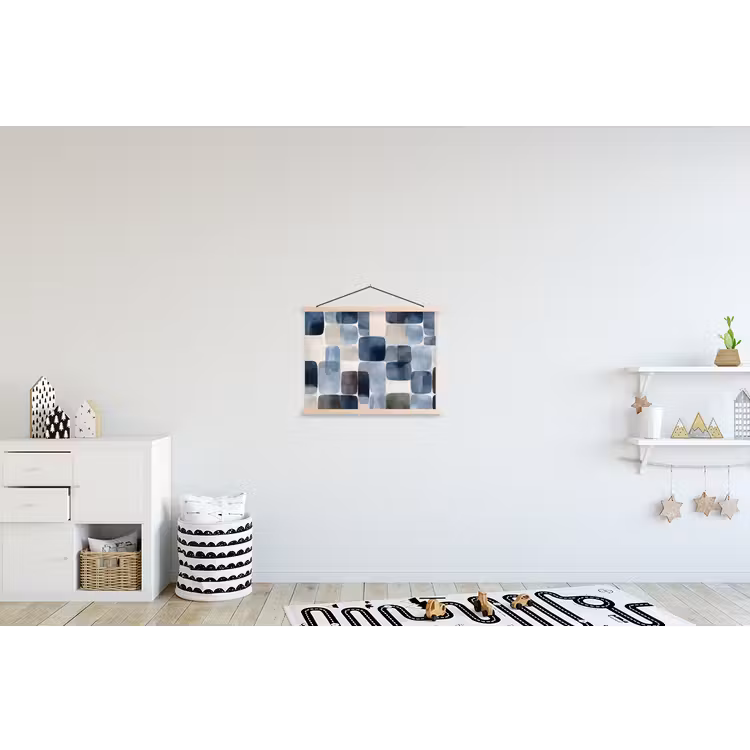 Patroon - Blauw - Vierkanten textielposter latten blank klein -kinderkamer