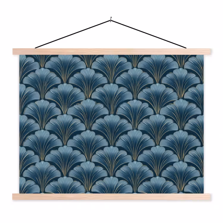 Patroon - Ginkgoblad - Blauw textielposter latten blank klein 122 -3d