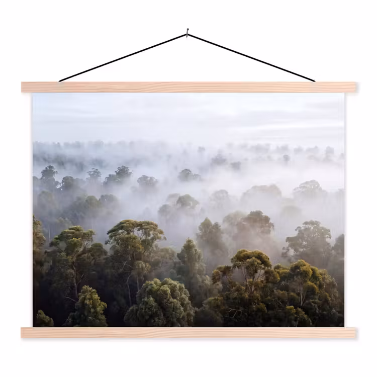 Natuur - Mist - Bos - Ochtend - Goud textielposter latten blank klein -3d
