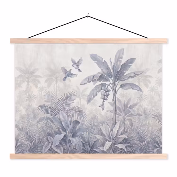 Natuur - Vogel - Jungle - Illustratie - Blauw textielposter latten blank klein -3d