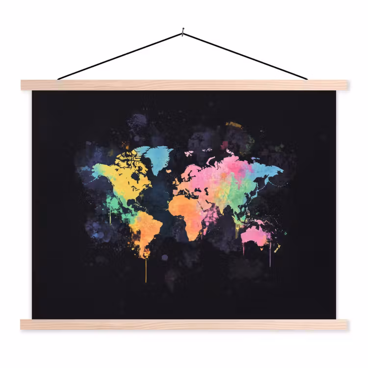 Neon - Pastel - Wereldkaart - Mistig textielposter latten blank klein -3d