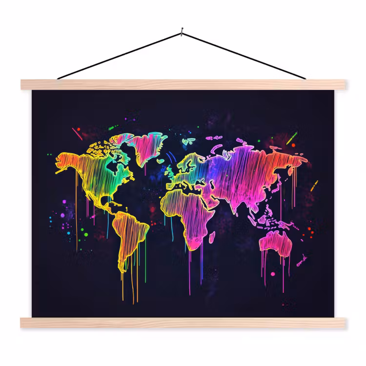 Neon - Wereldkaart - Kleur - Drip textielposter latten blank klein -3d