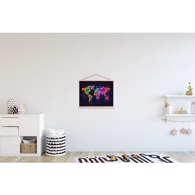 Neon - Wereldkaart - Kleur - Drip textielposter latten blank klein -kinderkamer