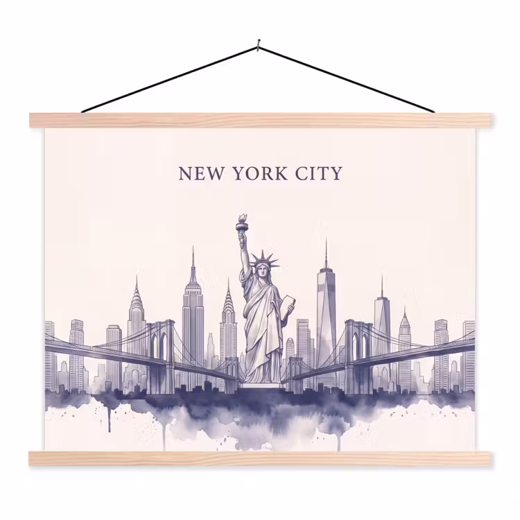 New York - Vrijheidsbeeld - Skyline - Illustratie - Blauw textielposter latten blank klein -3d