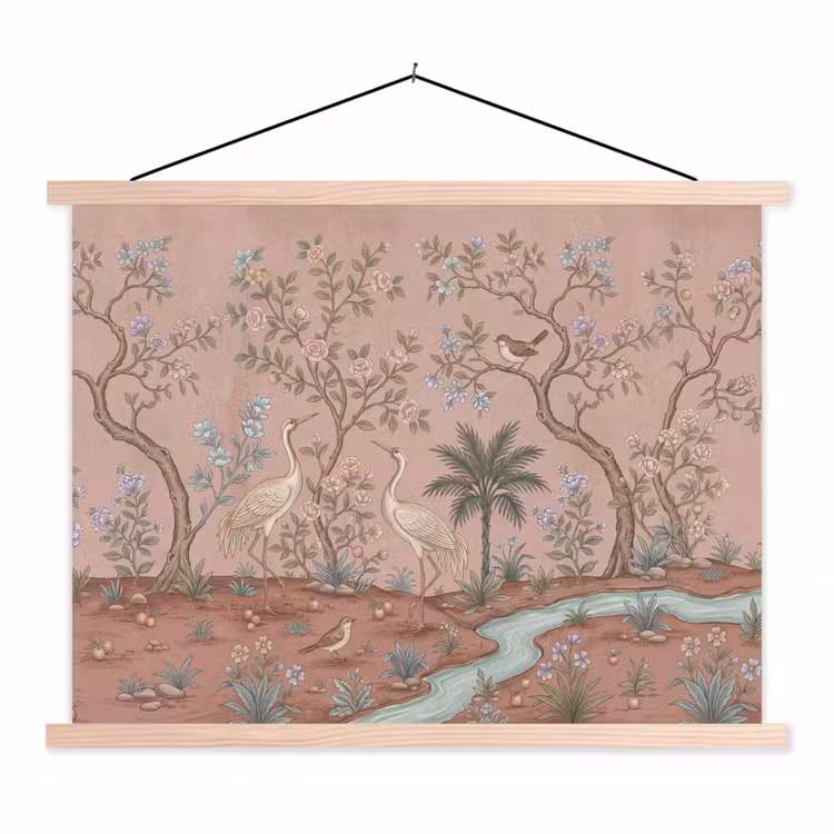 Nostalgisch - Reigers - Roze textielposter latten blank klein -3d