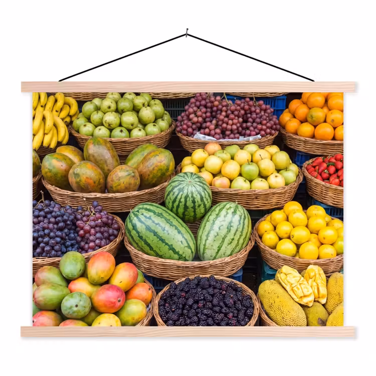 Stoffbild - Obst – Markt – Bunt - Fruit - Markt - Kleurrijk textielposter latten blank klein