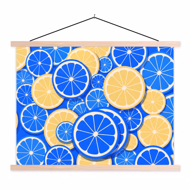 Fruit - Schijven - Patroon - Modern - Blauw - Geel textielposter latten blank klein -3d