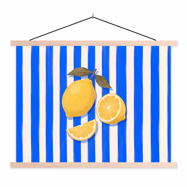 Fruit - Citroen - Zomer - Geel - Blauw textielposter latten blank klein -3d