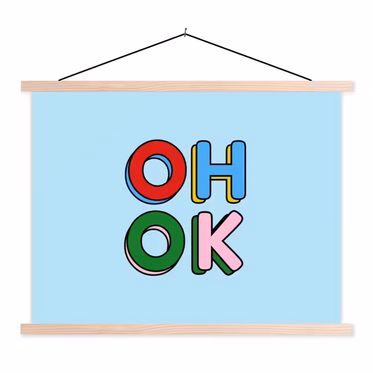 Oh ok - Blauw - Kleurrijk textielposter latten blank klein -3d