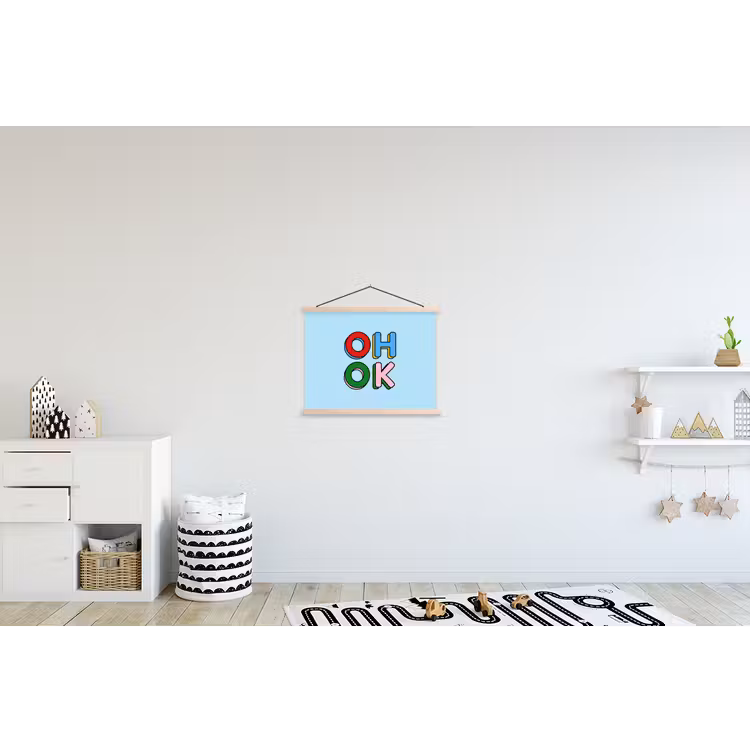 Oh ok - Blauw - Kleurrijk textielposter latten blank klein -kinderkamer