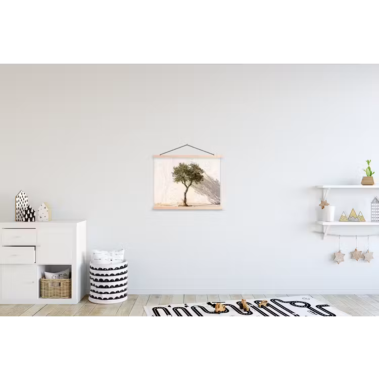 Stoffbild - Olivenbaum – Wand – weiß - Olijfboom - muur - wit textielposter latten blank klein