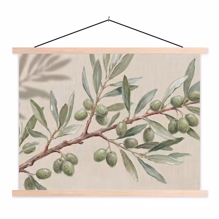 Olijftak - Bladeren - Natuur - Groen - Beige textielposter latten blank klein -3d