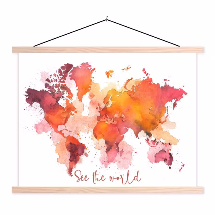 Oranje - Aquarel - Quote - Wereldkaart textielposter latten blank klein -3d