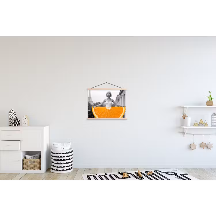 Sinaasappel - Eiffeltoren - Vrouw textielposter latten blank klein -kinderkamer