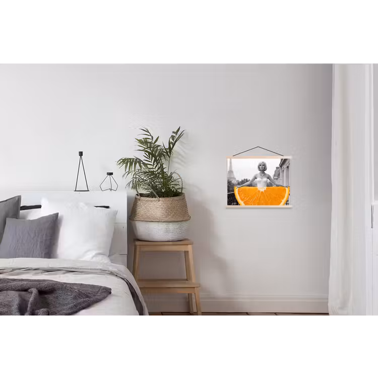 Sinaasappel - Eiffeltoren - Vrouw textielposter latten blank klein -woonkamer
