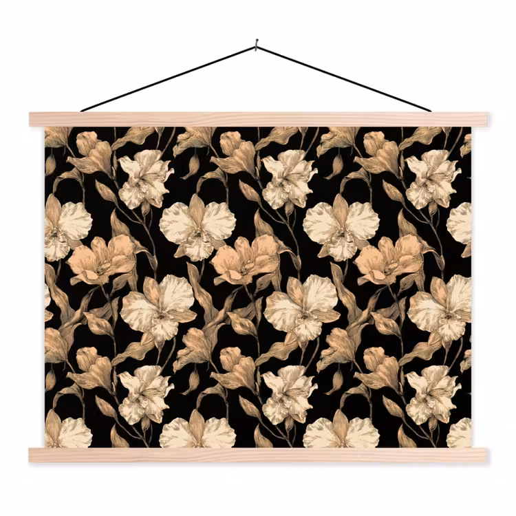 Orchideeën - Lijntekening - Patroon - Beige - Zwart textielposter latten blank klein 122 -3d