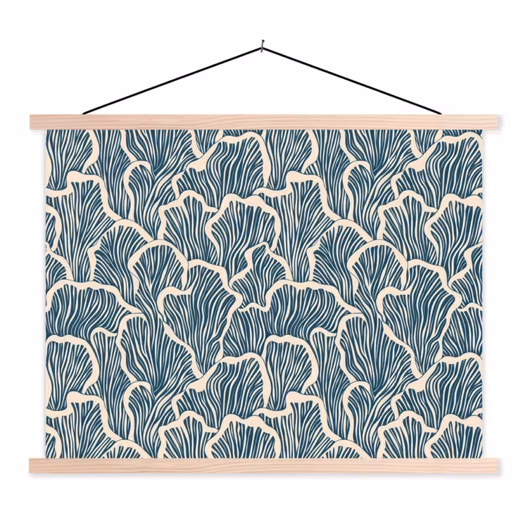 Organisch - Blauw - Crème - Schelpen textielposter latten blank klein 122 -3d