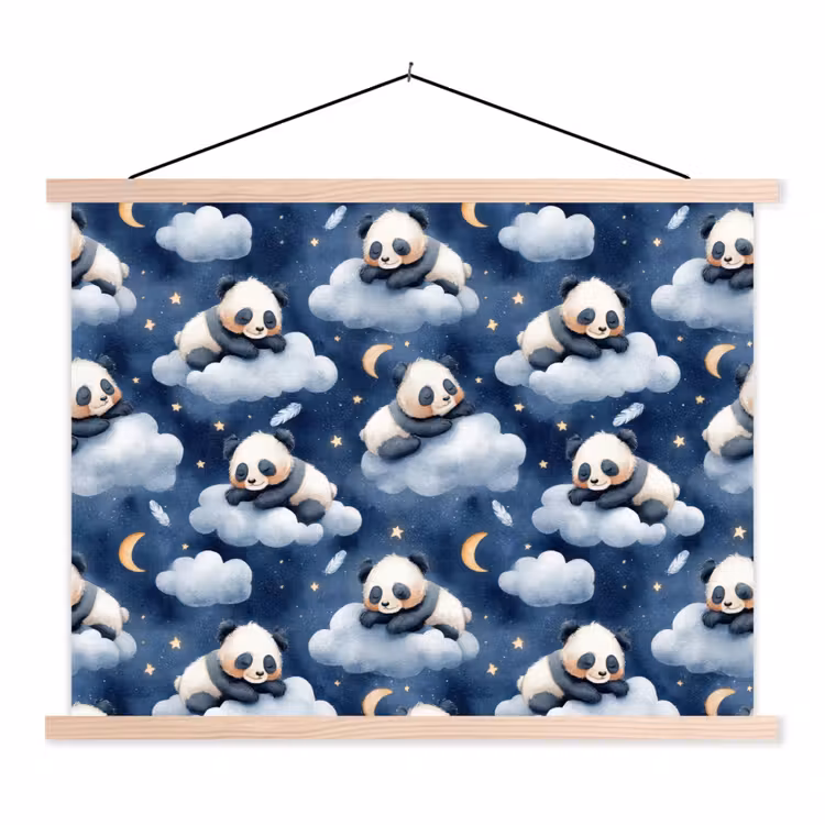 Panda's - Slapen - Blauw textielposter latten blank klein 122 -3d