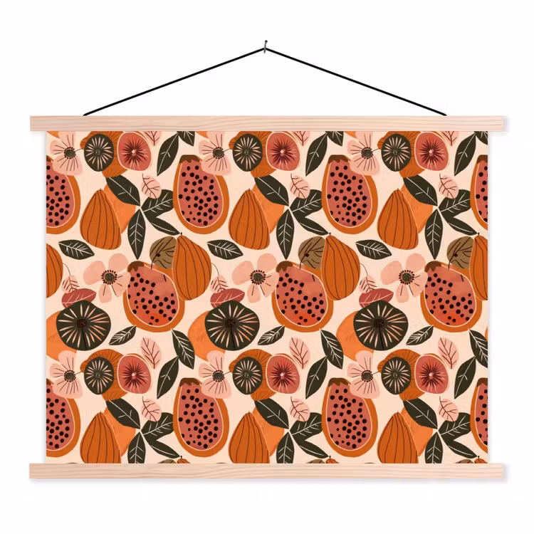 Papaja - Bloesem - Oranje textielposter latten blank klein 122 -3d
