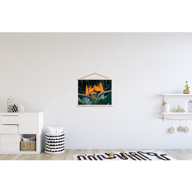 Paradijsvogel - Bloem - Exotisch textielposter latten blank klein -kinderkamer