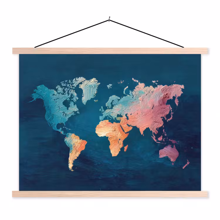 Pastel - Textuur - Wereldkaart textielposter latten blank klein -3d